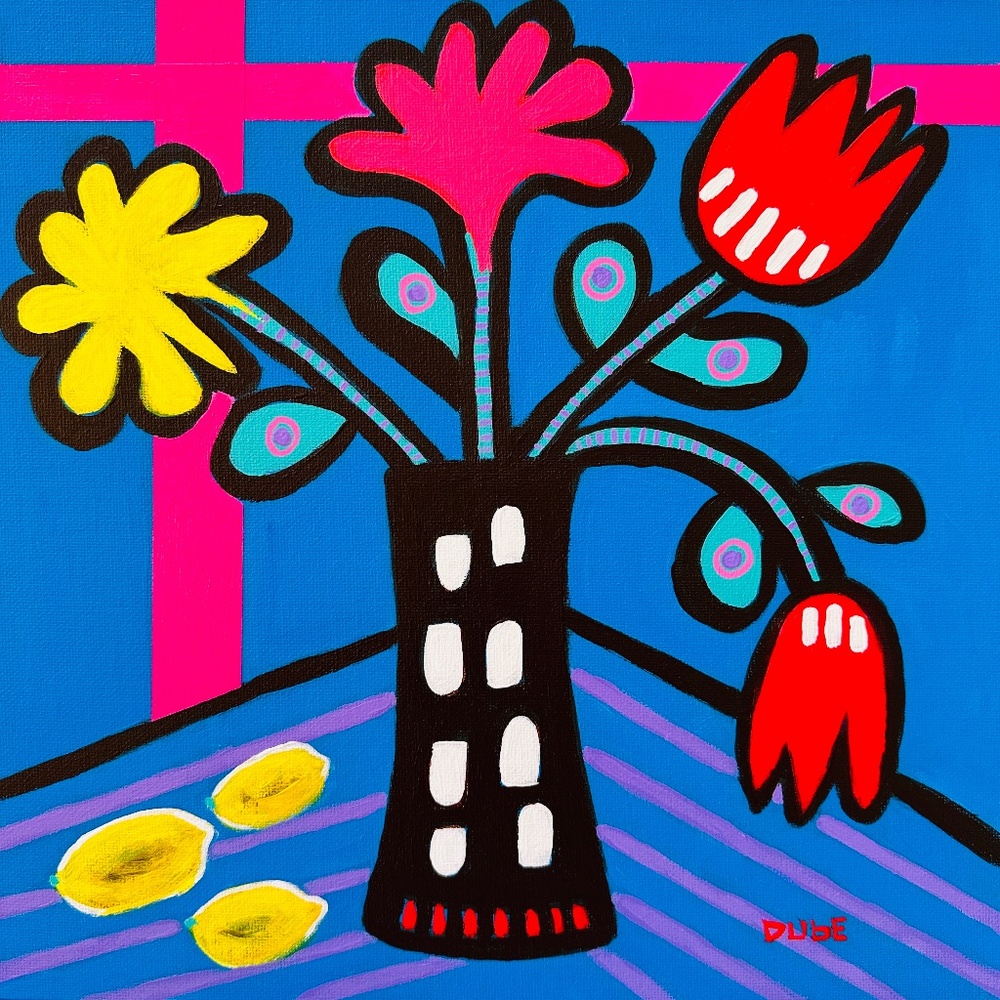 Original Abstract POP Art Painting Lemons & Flowers, 12x12 Canvas Panel